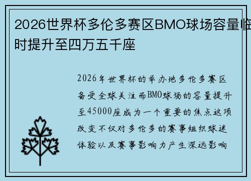 2026世界杯多伦多赛区BMO球场容量临时提升至四万五千座