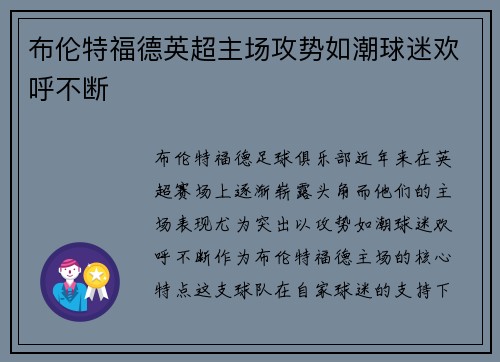 布伦特福德英超主场攻势如潮球迷欢呼不断 布伦特福德英超主场攻势如潮球迷欢呼不断