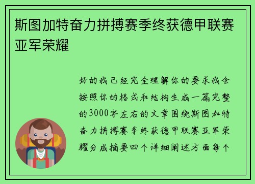 斯图加特奋力拼搏赛季终获德甲联赛亚军荣耀