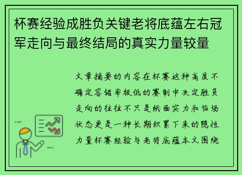 杯赛经验成胜负关键老将底蕴左右冠军走向与最终结局的真实力量较量