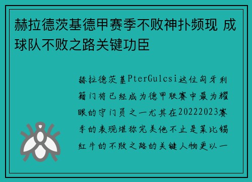 赫拉德茨基德甲赛季不败神扑频现 成球队不败之路关键功臣